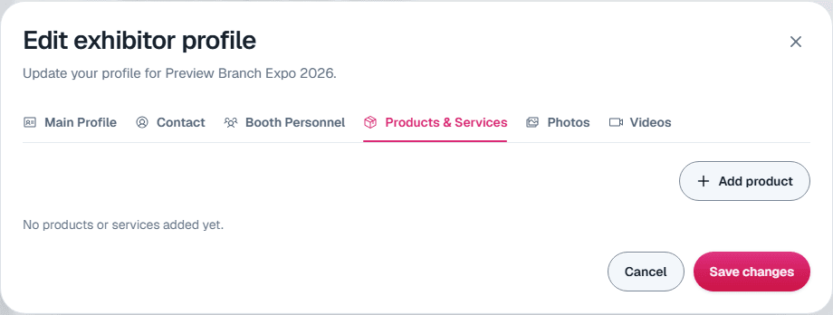 The Products and Services tab of the Edit exhibitor profile dialog, with the Add product button