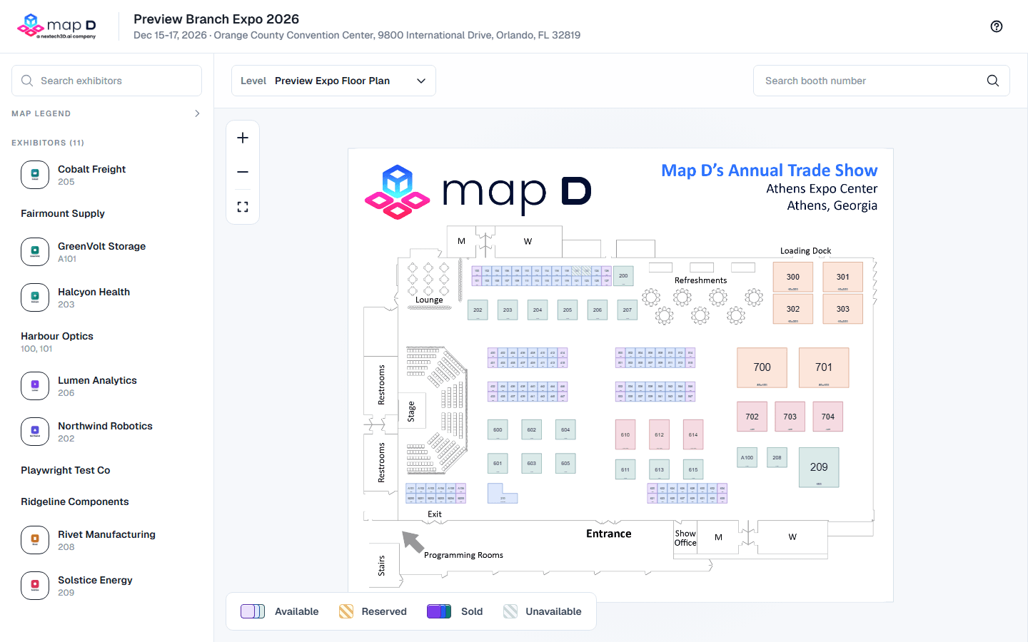 A published floor plan on the public registration page, with the exhibitor list, booth search and the booth status legend