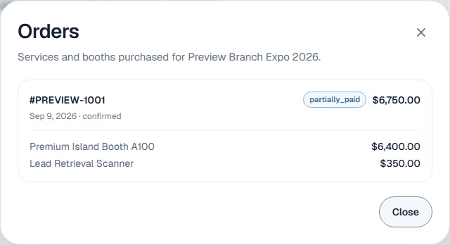 The Orders dialog showing one order with its number, payment status, total, date and order status, and the booth and service it includes