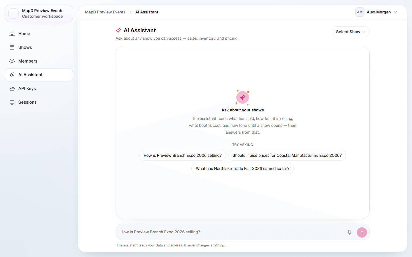 The AI Assistant page with a show picker, suggested questions about sales and pricing, and a box to ask a question