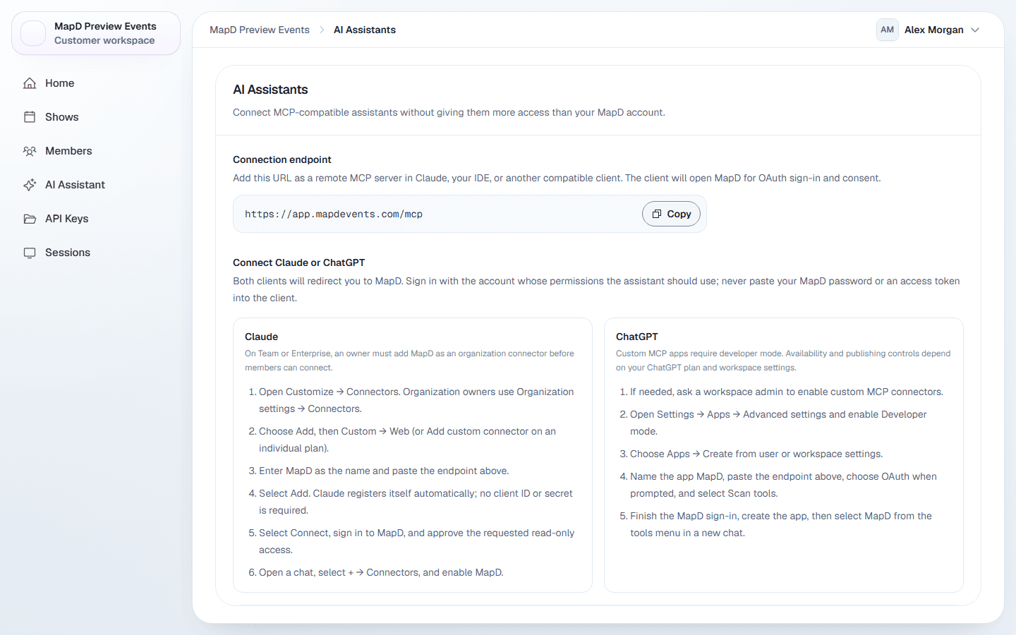 The AI Assistants page showing the connection endpoint with a Copy button, and step-by-step instructions for Claude and ChatGPT