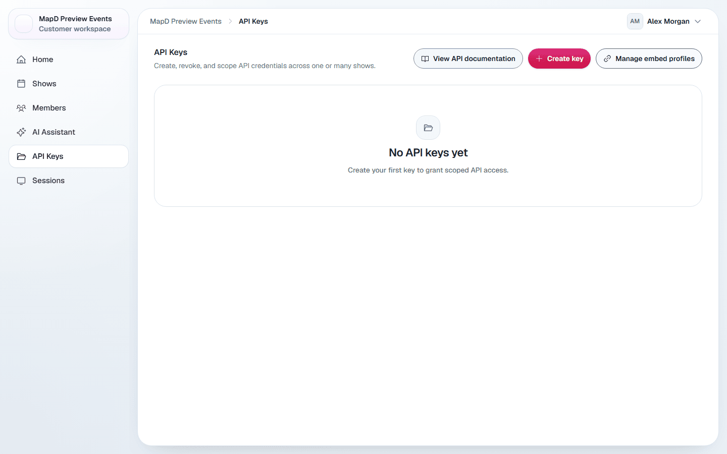 The API Keys page with View API documentation, Create key and Manage embed profiles buttons