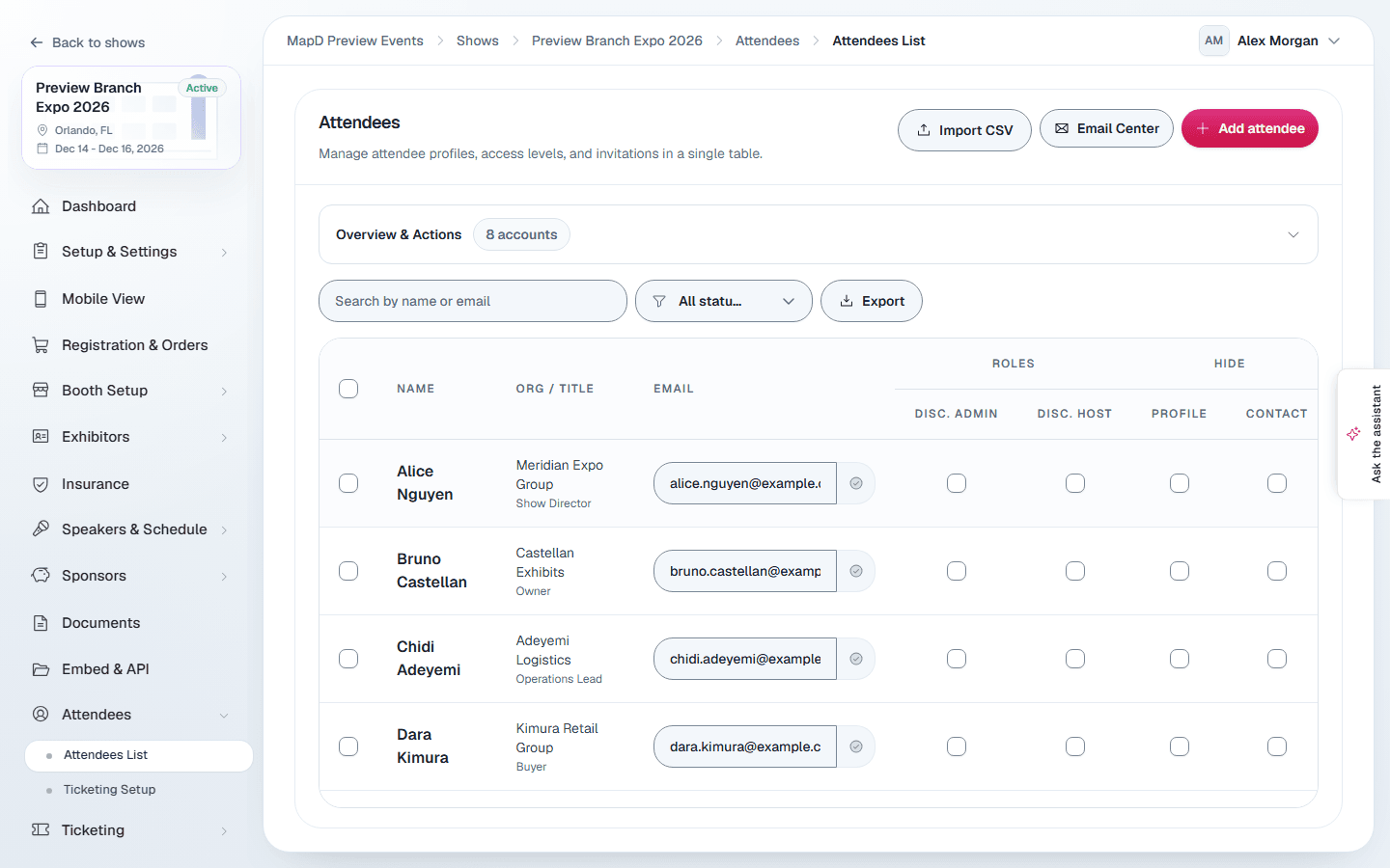 The Attendees list with Import CSV, Email Center and Add attendee buttons, and each attendee's organization, title and email