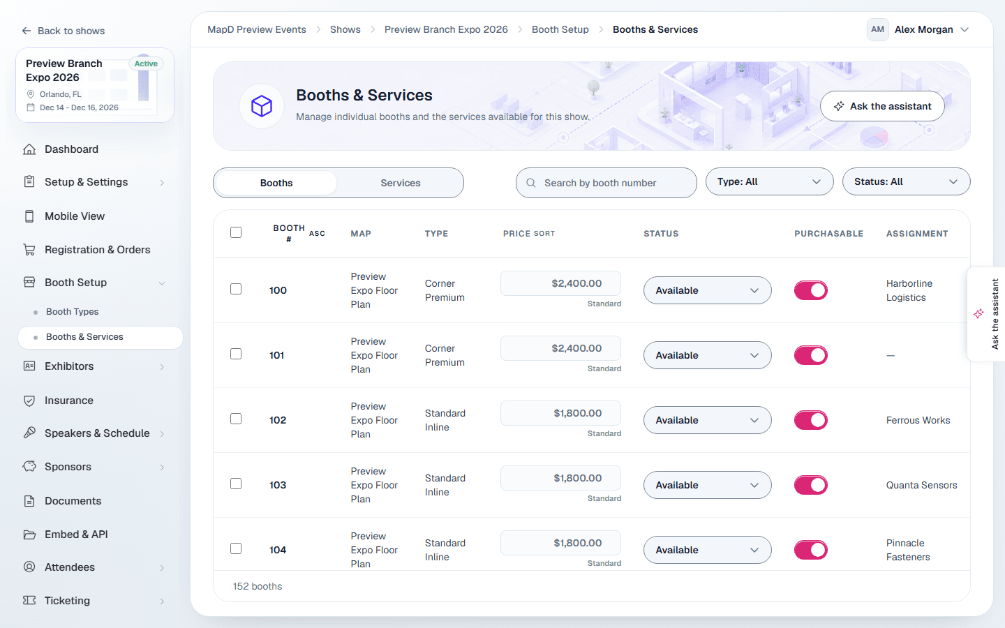 The Booths view of Booths and Services, listing each booth's map, type, price, status, purchasable switch and assigned company