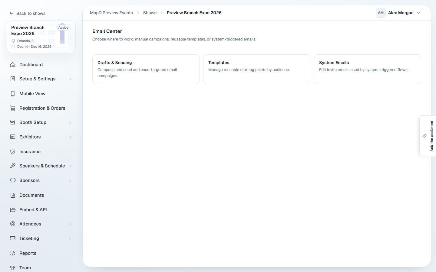 The Email Center with its three areas: Drafts and Sending, Templates, and System Emails