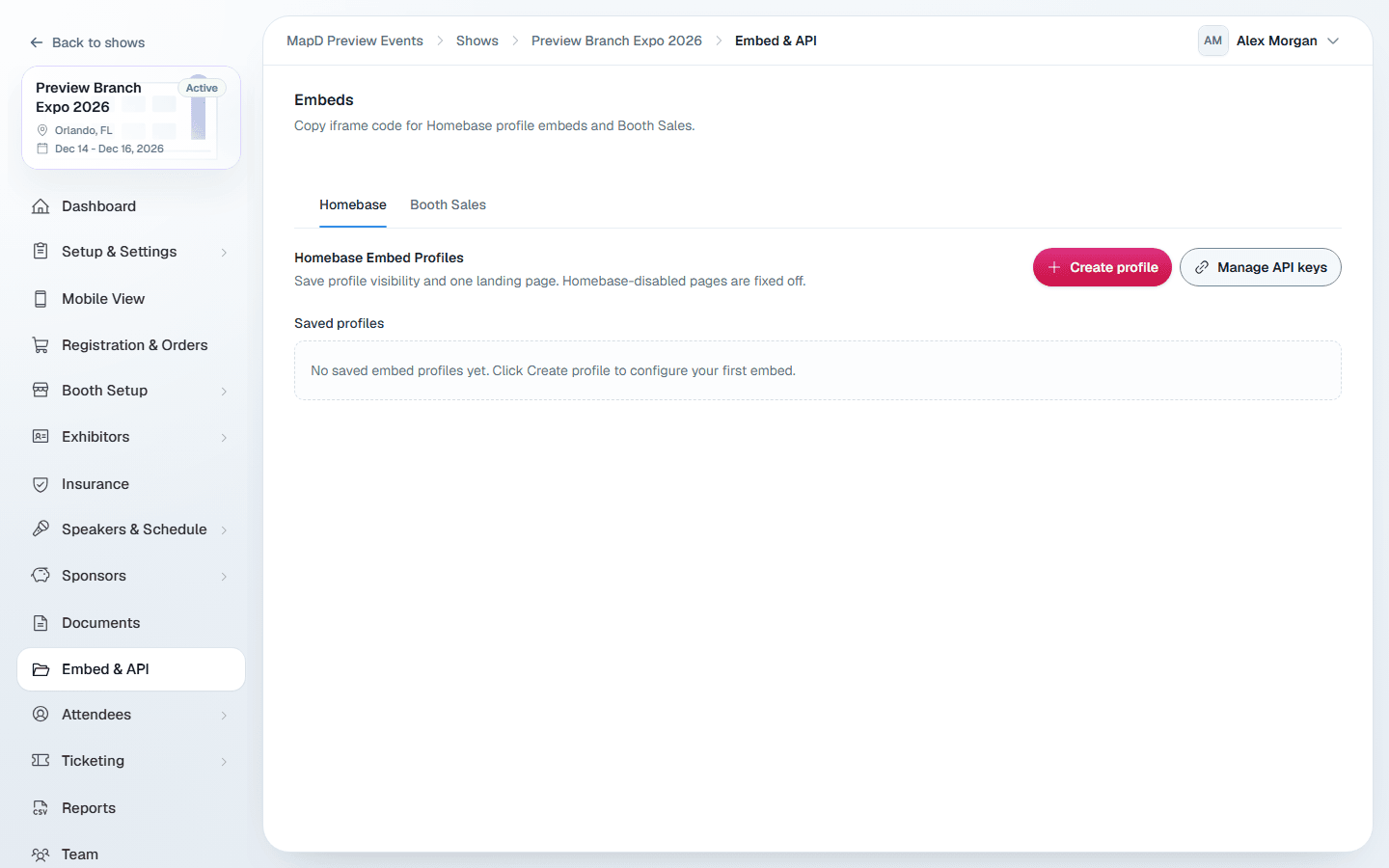The Embeds page with Homebase and Booth Sales tabs, and the Create profile button for Homebase embed profiles