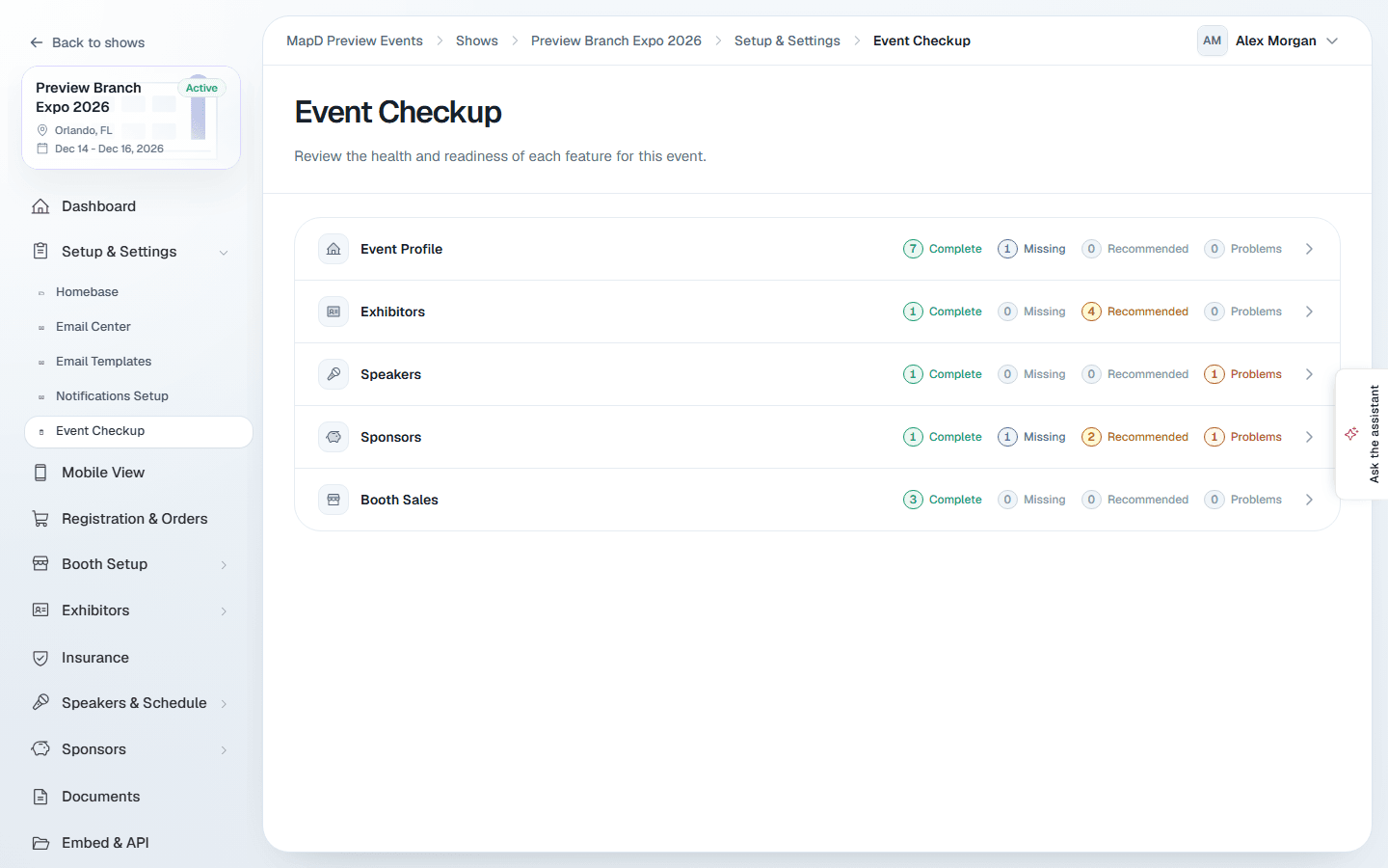 Event Checkup listing Event Profile, Exhibitors, Speakers, Sponsors and Booth Sales with complete, missing, recommended and problem counts