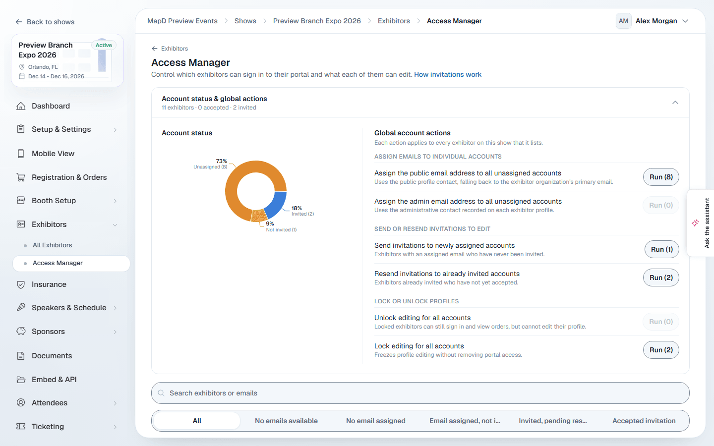 The Access Manager with the account status chart and the global actions for assigning emails, sending invitations and locking editing