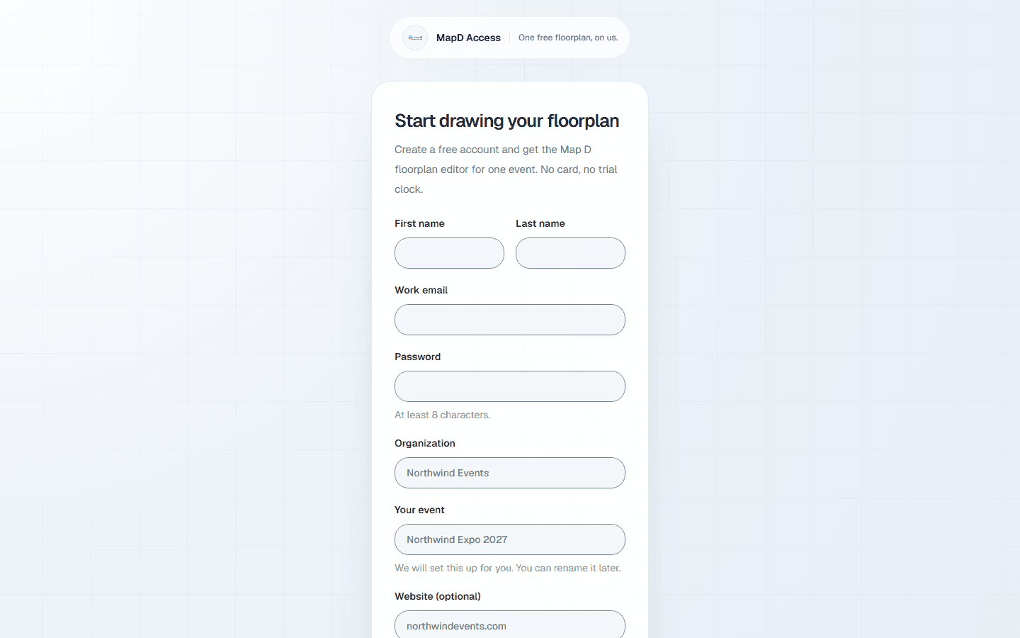 The free sign-up page asking for your name, work email, password, organization and event