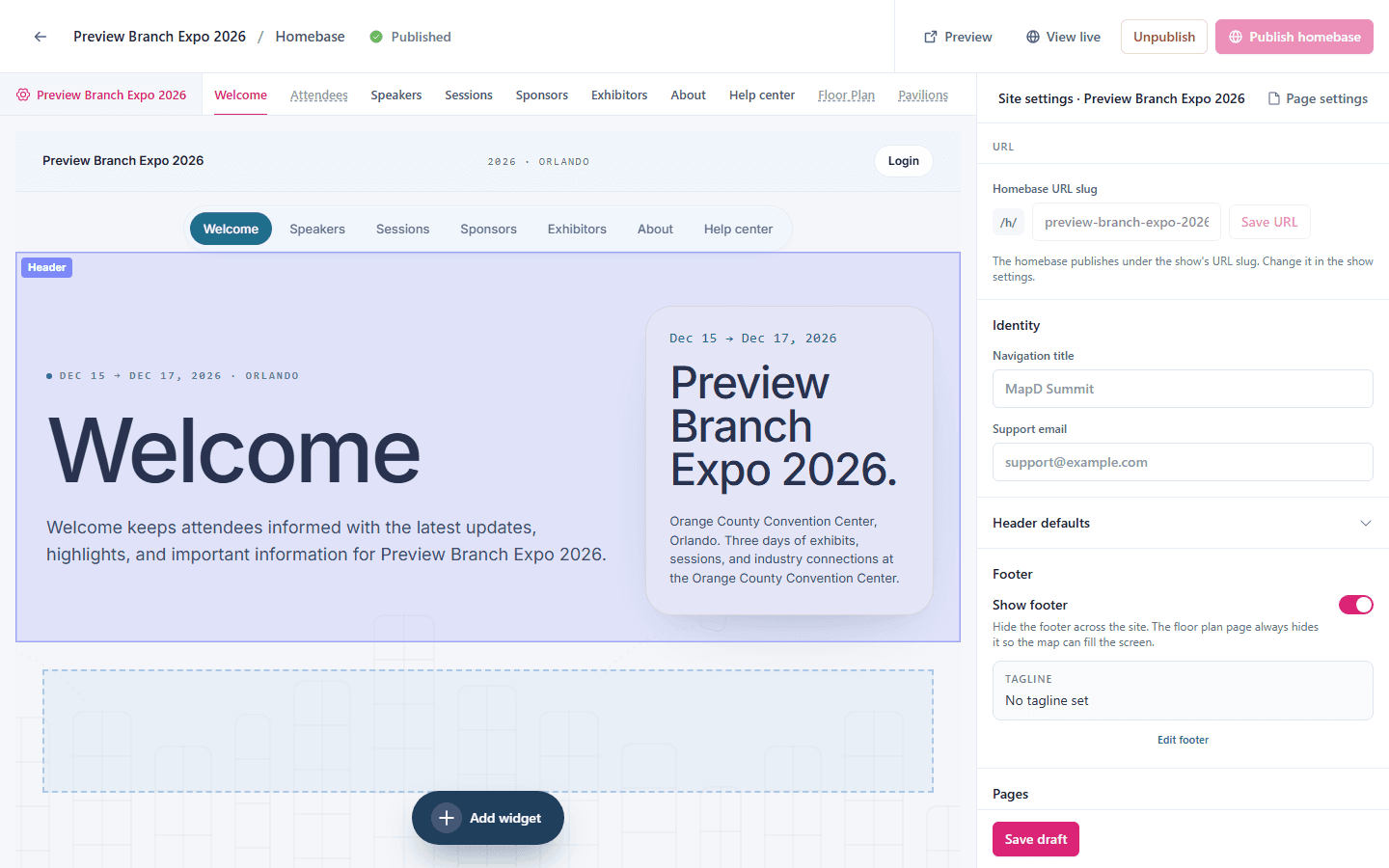 The Homebase designer with a live page preview, the page tabs across the top, and site settings such as navigation title, support email and footer