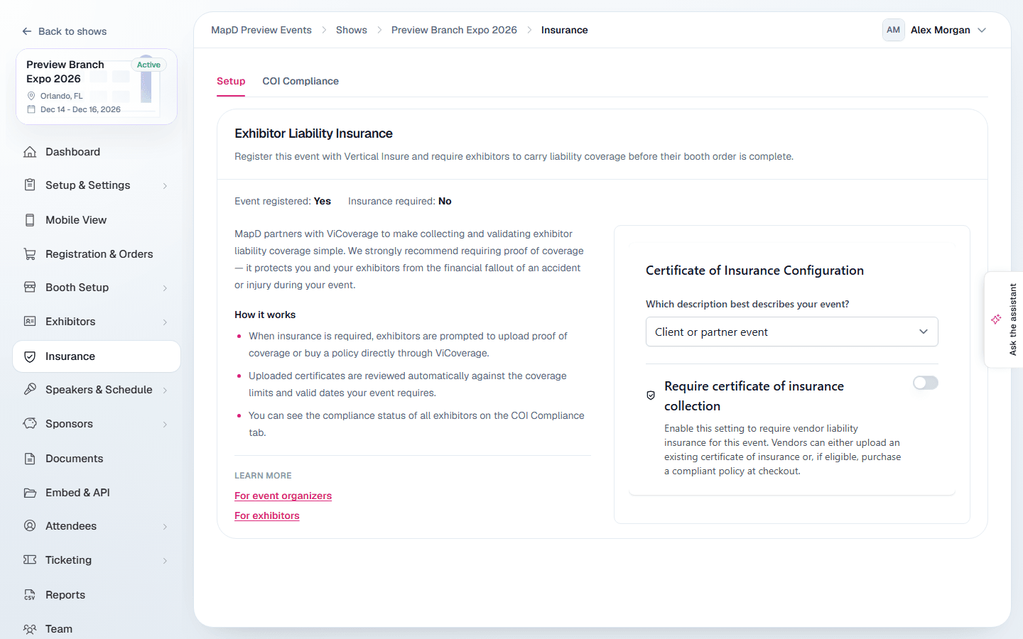 The Insurance setup tab showing whether the event is registered with Vertical Insure and whether a certificate of insurance is required
