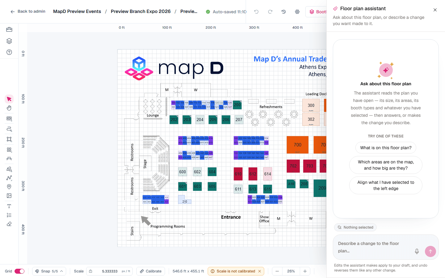 The floor plan assistant panel beside the map, with suggested questions and a box to describe a change