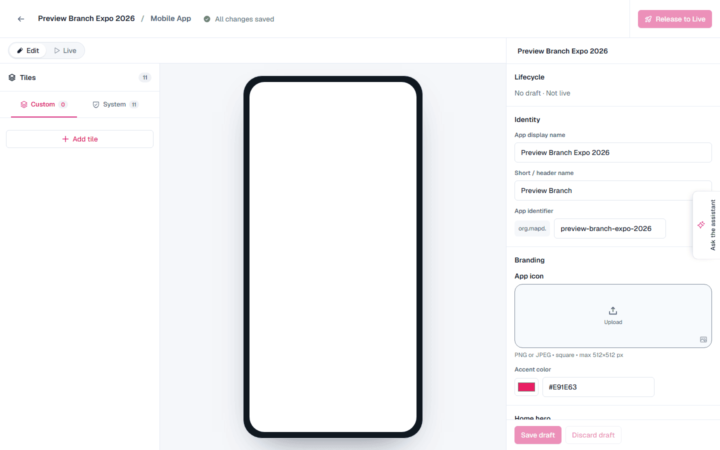 The mobile app editor in Edit mode, with tiles on the left, a phone preview in the middle and the lifecycle, identity and branding settings on the right