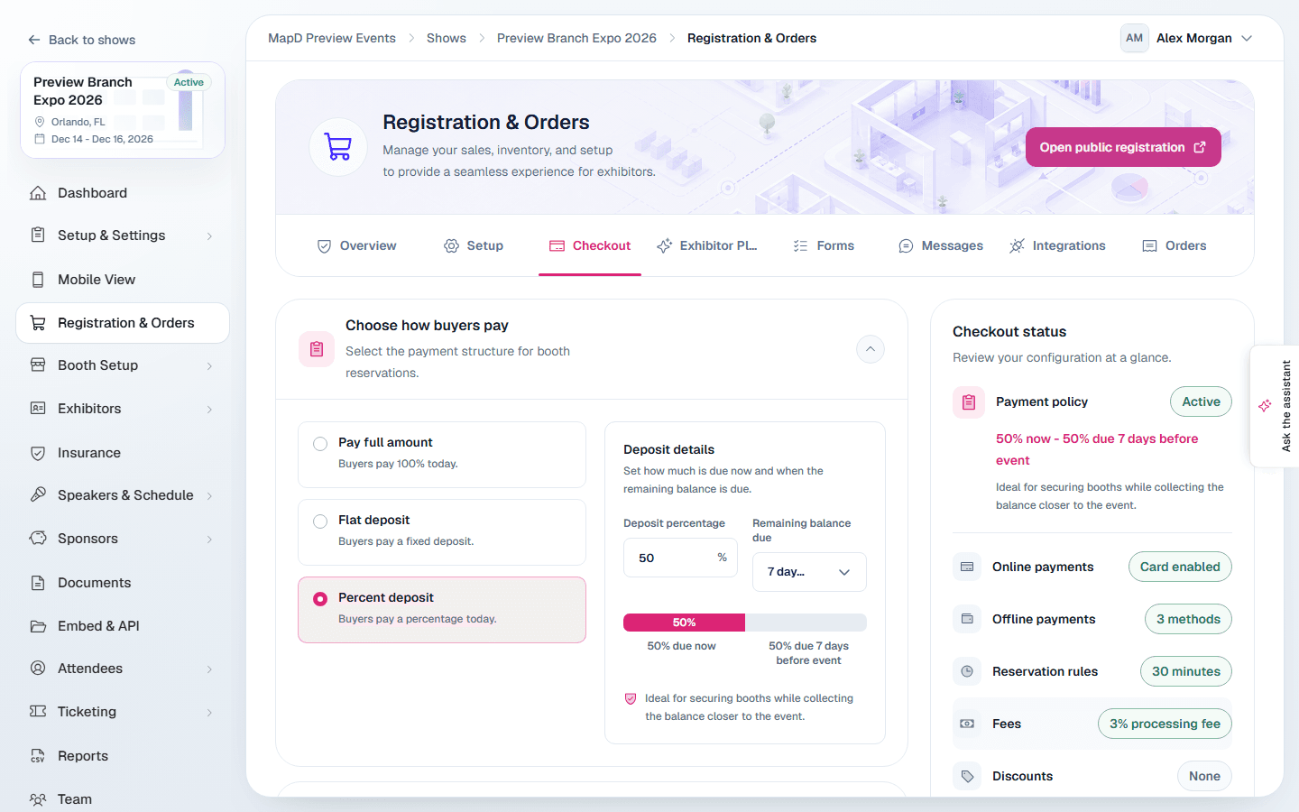 The Checkout tab showing the payment structure options, deposit details, and a checkout status summary of payments, reservation rules, fees and discounts