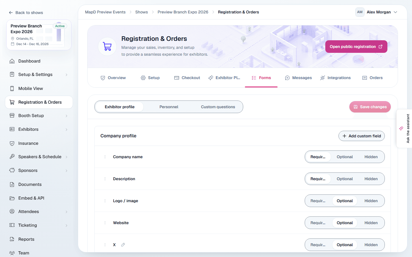 The Forms tab with the exhibitor profile fields, each set to required, optional or hidden, and the Add custom field button