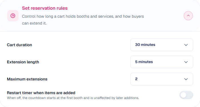 The Set reservation rules section with cart duration, extension length, maximum extensions and the restart timer switch