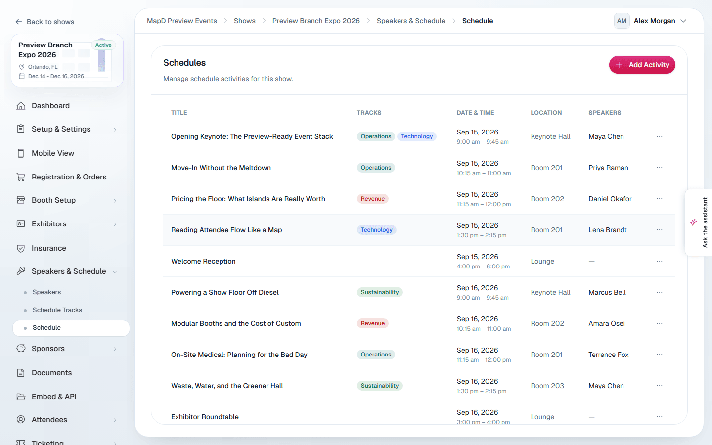 The Schedules list of sessions with their tracks, date and time, location and speakers