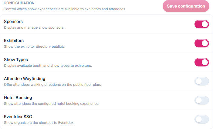 The Configuration settings for a show: Sponsors, Exhibitors, Show Types, Attendee Wayfinding, Hotel Booking and Eventdex SSO, with the Save configuration button