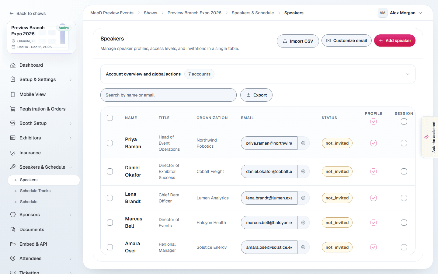 The Speakers list with Import CSV, Customize email and Add speaker buttons, and each speaker's title, organization, email and invitation status