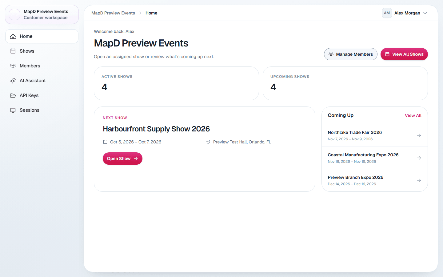 The organization home page with the sidebar, active and upcoming show counts, the next show and a Coming Up list